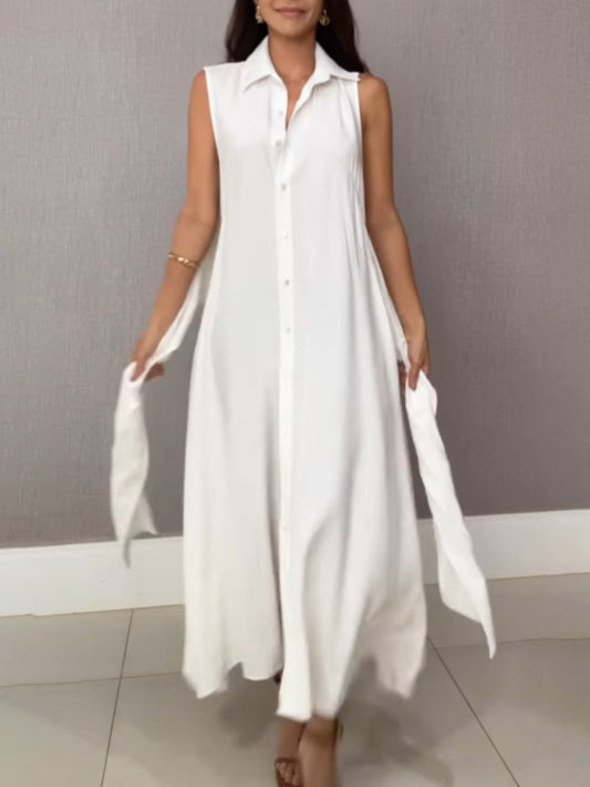 Vestido midi de mujer tipo camisa, con botones, cinturón en la cintura y sin mangas
